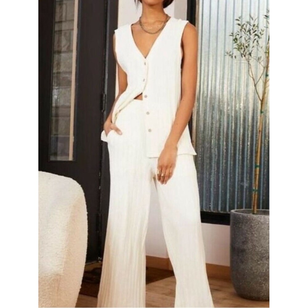 Free People Ivory Ribbed Sleeveless Button-Front Wide-Leg Pant Set